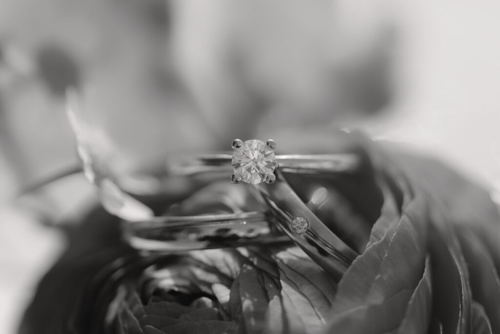 Trauringe eines Brautpaares, das in den Alpen Österreichs heiratet in schwarz-weiß